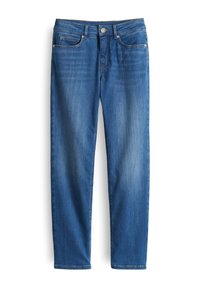 Jeans in denim blu medio, con un design a gamba dritta, cinque tasche e vita media con hardware in metallo.