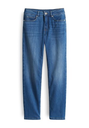 Denim jeans in medium blue, met een rechte pijp, vijf zakken en een middelhoge taille met metalen knoop hardware.