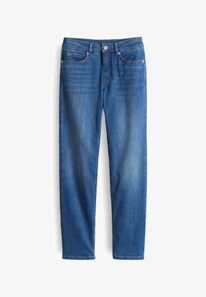 Denim jeans in medium blue, met een rechte pijp, vijf zakken en een middelhoge taille met metalen knoop hardware.