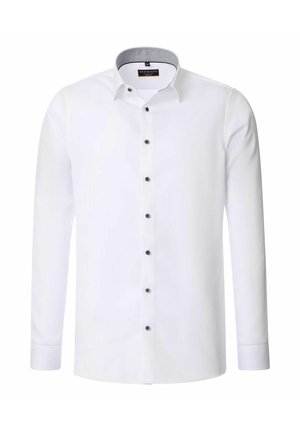 Weißes Langarmshirt mit kontrastierendem gemustertem Kragen, schwarzen Knöpfen entlang der Vorderseite und einer glatten Textur.