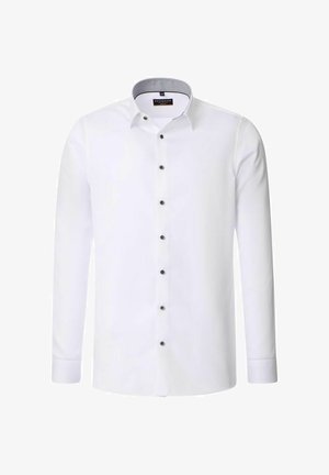 Witte langemouwen blouse met een contrasterende geprinte kraag, zwarte knopen aan de voorkant en een gladde textuur.