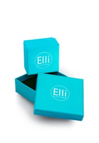 Turkis gaveæske med hvidt logo "Elli by Julie & Grace." En æske åbner sig for at afsløre et grønt interiør, der fremviser et rent, moderne design.