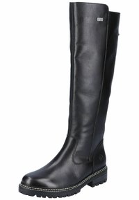 Botte en cuir noire montante avec une finition lisse, bout arrondi, détails cousus et semelle en caoutchouc avec un profil antidérapant. Présente un accent de logo simple.