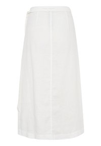 White linen wrap skirt with a tie waistband, knee-length, featuring a straight cut and minimalistic design without patterns or accents.