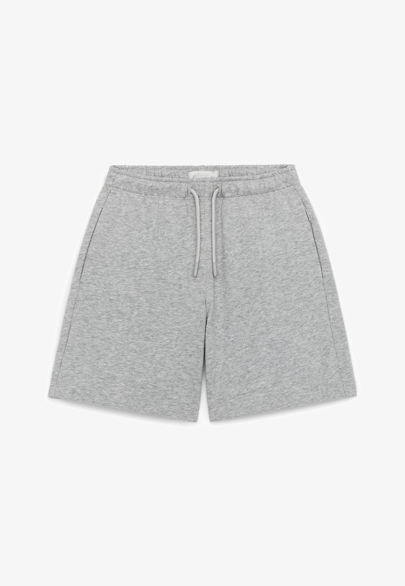 Shorts gris clair en mélange de coton avec taille élastique, cordon ajustable et poches latérales, disposés à plat sur un fond blanc.