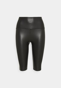 Černé, vysoké cyklistické šortky vyrobené z lesklého, elastického materiálu, s hladkou texturou a štíhlou siluetou.