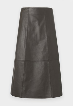Dark grey leather skirt, A-line design, smooth texture, knee-length, with panel stitching details and a clean hem.