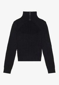 Pull noir en maille avec un col haut et une découpe au dos. Comprend des poignets et un ourlet côtelés, avec un motif torsadé texturé sur toute la surface. Fermeture éclair au niveau du cou.