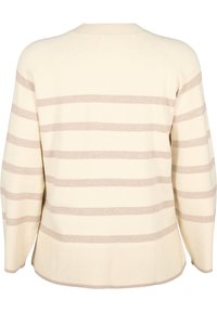 Maglione lavorato a maglia con strisce beige orizzontali su sfondo avorio, colletto rotondo, orlo a coste e maniche a raglan.