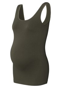 Khaki zwangerschaps tanktop, ribbelstof, mouwloos ontwerp, licht getailleerde vorm, met een ronde halslijn en rek voor extra comfort.