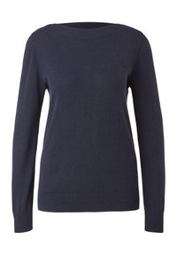 Granatowy sweter z długimi rękawami, okrągłym dekoltem, prążkowanym wykończeniem dekoltu i mankietów. Wykonany z gładkiego materiału, o dopasowanym kroju i bez wzorów.