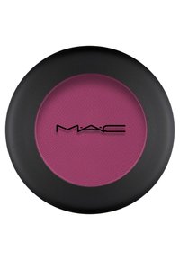 MAC-oogschaduw in een ronde, matte zwarte compact. Beschikt over een levendige, textuurachtige paarse poederinterieur. Merkenlogo gecentreerd in het zwart.