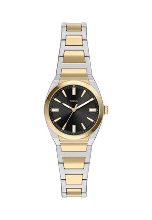 Zweiteilige silberne und goldene Metallarmbanduhr mit schwarzem Zifferblatt, goldenen Stundenmarkierungen und drei Zeigern, die 10:09:36 anzeigen, Marke Fossil auf dem Zifferblatt.