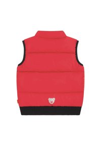 Red puffer vest with a collared neckline, no sleeves, black ribbed hem, and a small bear logo on the front. Smooth texture.