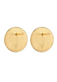 Goldfarbene kreisrunde Steckerohrringe mit strukturiertem Finish, ausgestattet mit einer Steckverschluss. Auf der Oberfläche mit "925" gestempelt.