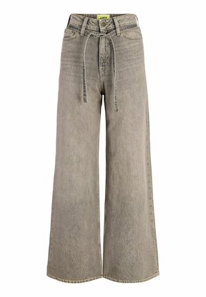 Jeans in denim grigio a vita alta e gamba larga con passanti per cintura, tasche frontali, chiusura con bottoni e cintura in tessuto abbinato.
