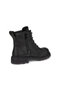 Stivaletto in pelle nera con zip laterale, lacci davanti, suola texturizzata e collo imbottito. Design robusto per durata e supporto.