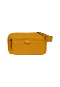 Borsa di stoffa gialla con chiusura a zip e tracolla regolabile. Presenta un'etichetta con il logo e una tasca frontale con zip per ulteriore spazio di archiviazione.