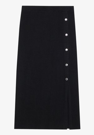 Gonna nera a coste con spacco laterale e sei bottoni metallici lungo la cucitura sinistra. Vita elastica per il massimo comfort.