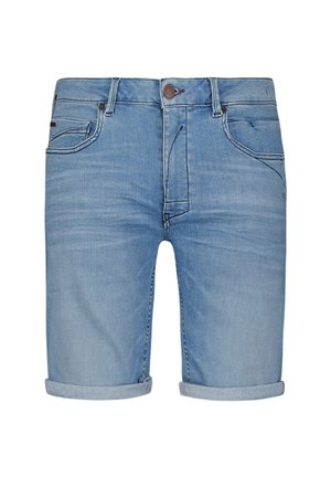Lichtblauwe denimshorts met een klassiek ontwerp, voorzien van opgerolde boorden, steekzakken en een knoopsluiting. Gladde textuur en casual pasvorm.