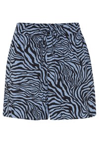 Pantaloni corti a fantasia zebra blu e nera realizzati in tessuto leggero, con vita elastica e chiusura annodata.