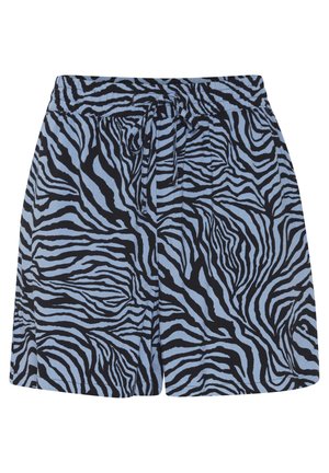 Blauwe en zwarte zebra print shorts van lichtgewicht stof met een elastische tailleband en een knoopsluiting.