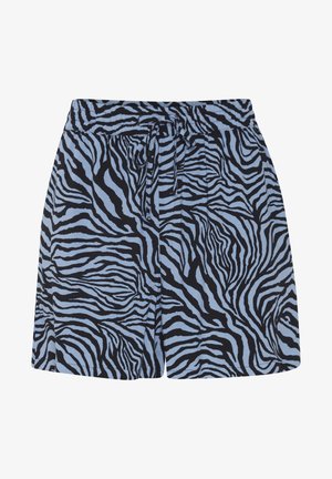 Siniset ja mustat zebra-kuosiset shortsit, jotka on valmistettu kevyestä kankaasta. Niissä on joustava vyötärö ja nauhalla suljettava malli.