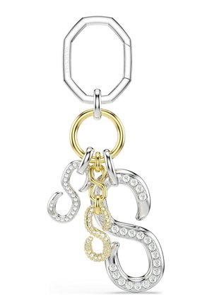 Porte-clés avec des anneaux en argent et en or et quatre breloques en forme de lettre S incrustées de cristaux clairs de tailles et styles variés.