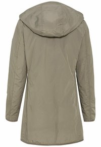Light khaki waterproof jacket with a hood, long sleeves, and a straight cut. Smooth texture with minimal seams and no visible hardware.