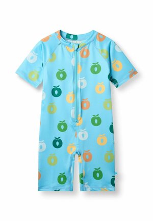 Costum de baie pentru copii, cu mâneci scurte, de culoare albastru deschis, cu fermoar frontal și modele abstracte multicolore de fructe în verde, portocaliu, galben și alb.
