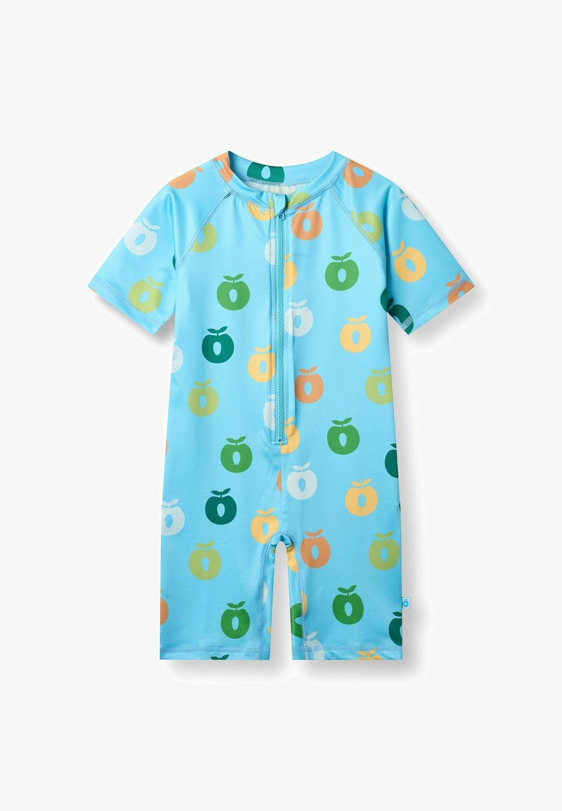 Maillot de bain enfant bleu clair à manches courtes avec fermeture éclair à l'avant et motifs abstraits de fruits multicolores en vert, orange, jaune et blanc.