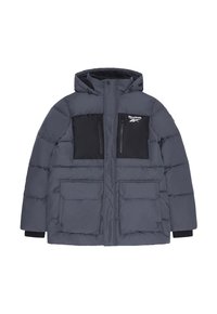 Gewatteerd jack in donkergrijs, met een capuchon, zwarte borstzakken met rits en twee voorflapklinkzakken. Getextureerde stof met een doorgestikt ontwerp.