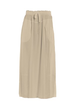 Beige, lange, lichte rok met een elastische tailleband met trekkoord en zijzakken. Gladde textuur met een vloeiende silhouet.