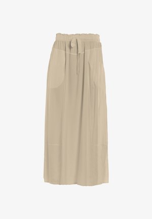 Beige, lange, lichte rok met een elastische tailleband met trekkoord en zijzakken. Gladde textuur met een vloeiende silhouet.