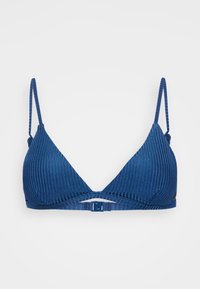 Top a triangolo in bikini di tessuto a costine blu scuro, con spalline regolabili e chiusura anteriore a scatto. Texture liscia con dettagli minimi.