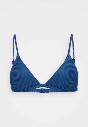 Sötétkék bordázott anyagú háromszög bikini top, állítható pántokkal és elülső csattal. Simaságával és minimális részleteivel tűnik ki.