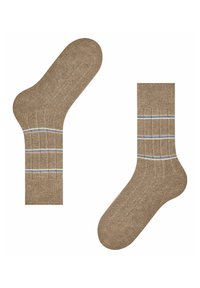 Calze marroni realizzate in un materiale testurizzato, con accenti a righe blu e bianche sulla parte superiore a costine, dal design e dalla forma classica.