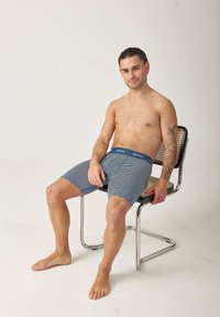 Boxers en coton bleu à rayures avec une ceinture élastique. Modèle assis sur une chaise, pieds nus, mettant en valeur le motif et l'ajustement du tissu.