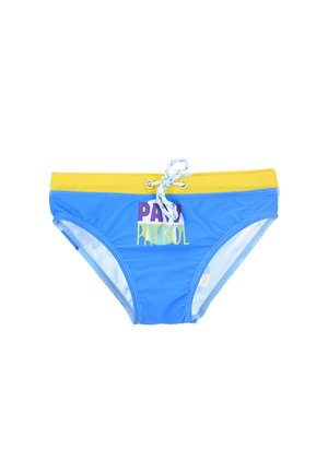 Blaue Schwimmslips mit gelbem Bund, ausgestattet mit einer Kordel. Bedruckt mit "Paw Patrol" in Lila und Gelb. Glattes, elastisches Material.