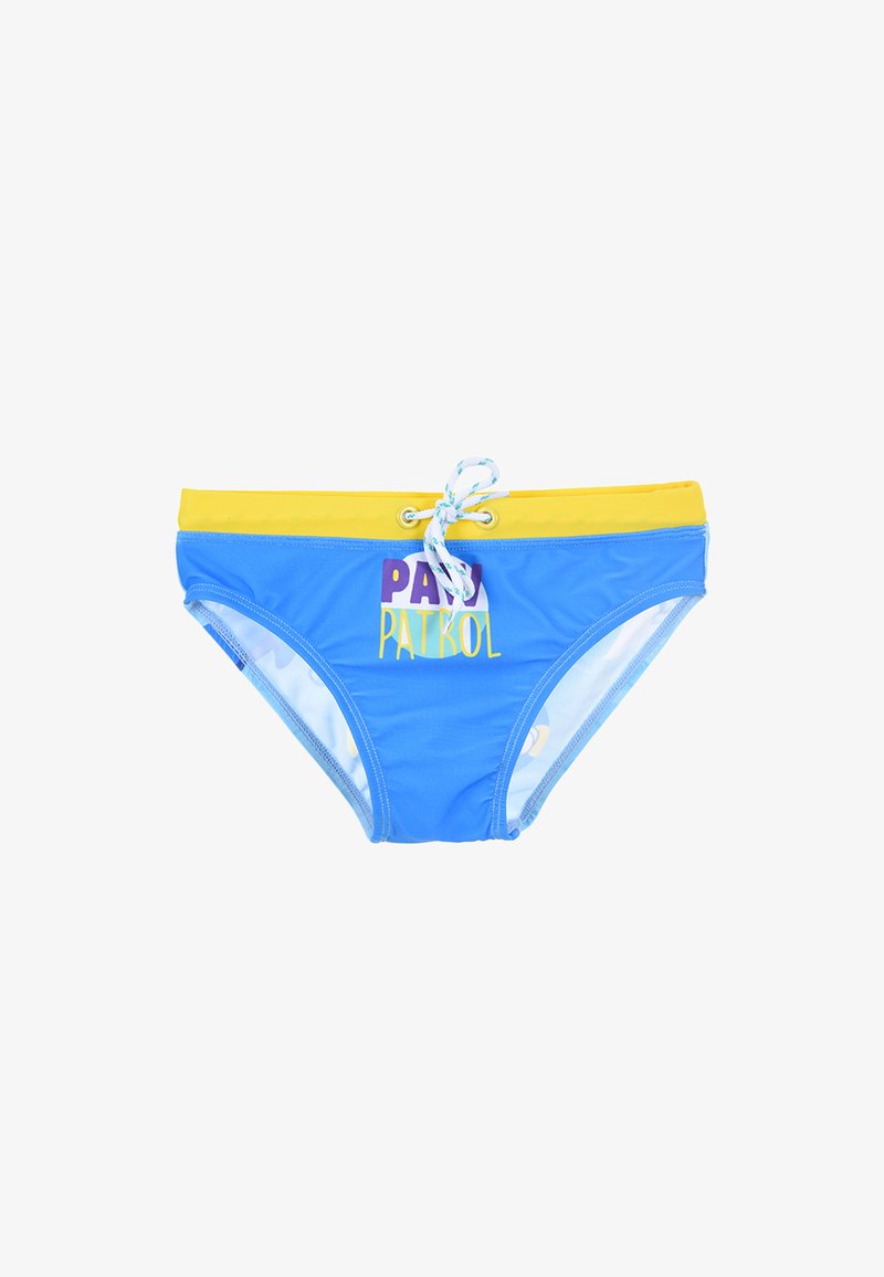 Bañadores de natación azul con cintura amarilla, con cordón ajustable. Impreso "Paw Patrol" en púrpura y amarillo. Material suave y elástico.