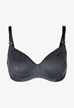 Zwarte bh van semi-doorzichtig materiaal, subtiel cirkelpatroon, verstelbare bandjes en een decoratieve accent in het midden. Gladde textuur.