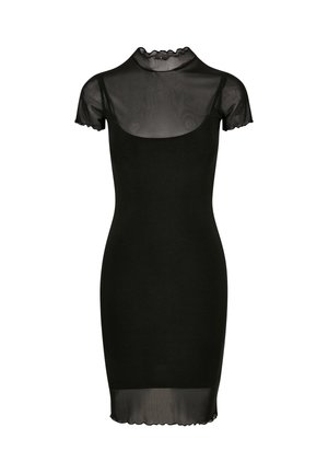 Crna uska haljina do koljena s prozirnim kratkim rukavima, visokim naboranim ovratnikom i prozirnim detaljem na rubu.