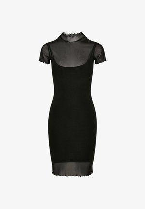 Crna uska haljina do koljena s prozirnim kratkim rukavima, visokim naboranim ovratnikom i prozirnim detaljem na rubu.
