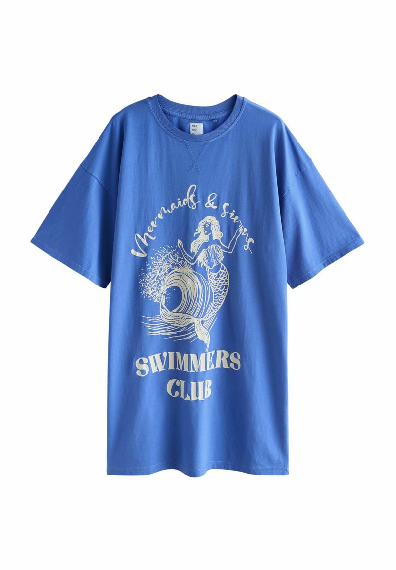 Blaues T-Shirt mit kurzen Ärmeln, vorne mit beiger Meerjungfrauen-Grafik und dem Text "Mermaids & sirens Swimmmers Club".