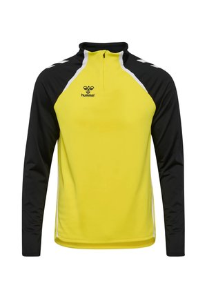 Sudadera deportiva amarilla y negra de manga larga con cremallera hasta el pecho, detalles en rayas blancas y logo de hummel en el pecho.