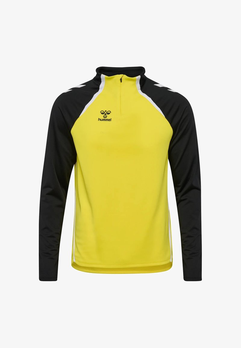 Pull de sport jaune et noir à manches longues avec zip quart, bandes blanches et logo hummel sur la poitrine.