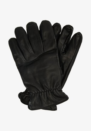 Schwarze Lederhandschuhe mit glatter Textur, fünf Fingern und elastischem Bündchen am Handgelenk für einen engen Sitz. Keine sichtbaren Beschläge oder Muster.