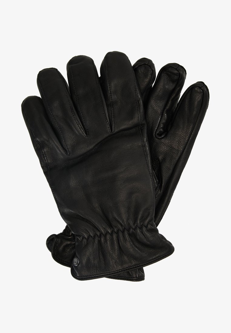 Schwarze Lederhandschuhe mit glatter Textur, fünf Fingern und elastischem Bündchen am Handgelenk für einen engen Sitz. Keine sichtbaren Beschläge oder Muster.