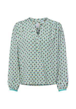 Langärmlige Bluse aus leichtem Material, mit weißem Hintergrund und einem Muster aus Pfauenfedern in Türkis, Blau und Gelb, Knopfleiste, elastischen Bündchen.