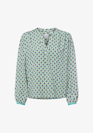 Langärmlige Bluse aus leichtem Material, mit weißem Hintergrund und einem Muster aus Pfauenfedern in Türkis, Blau und Gelb, Knopfleiste, elastischen Bündchen.